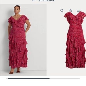 Lauren by Ralph Lauren Geo-Print Ruffle-Trim Georgette Gown